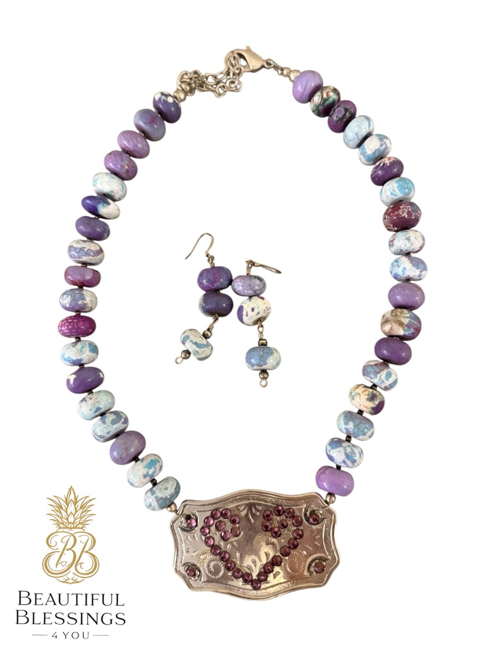 Purple & Marble Beaded Statement Necklace Set with Heart Pendant and Earrings